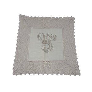 Vintage Embroidered Monogram V Pillow Case Cover Crocheted‎ Lace 20x20 Inches